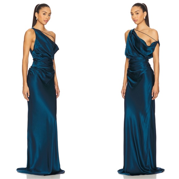 THE SEI Strapped Off Shoulder Silk Ruched Draped Asymmetric Blue Maxi Dress Sz 2 - Picture 2 of 9